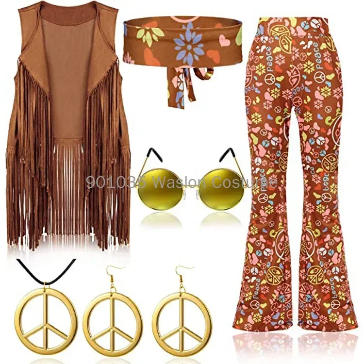 Hippie Disco 60s 70s Cosplay Costume Women Peace Love Girls Hip Indian Tassels Hippie Vest Cardigan Halloween Carnival Party