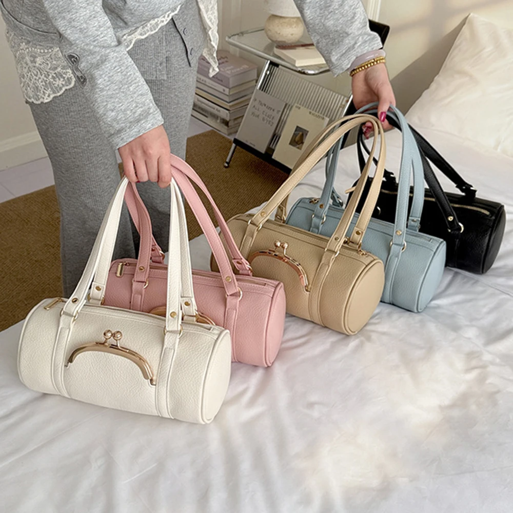 

Fashion Kisslock Shoulder Bag Barrel-shaped Underarm Bags for Women Lychee Grain Handbags Women's Bag NEW PU Leather Boston Bags