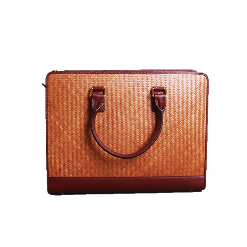 Leather plus bamboo briefcase men's handbag women's handbag computer bag