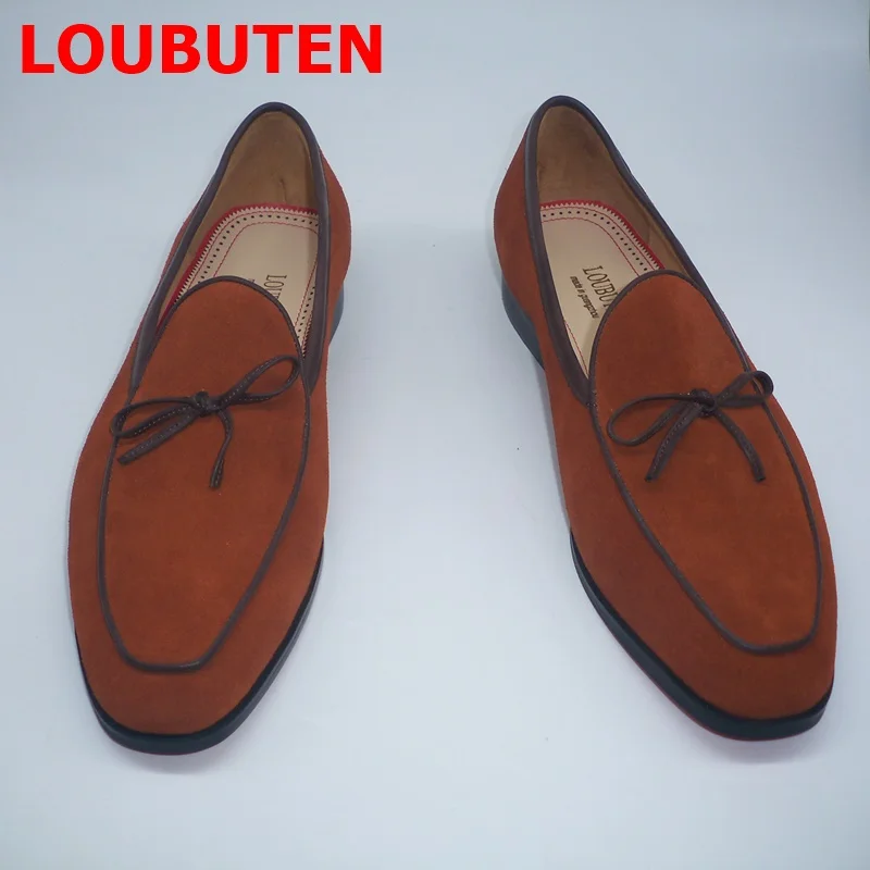 

LOUBUTEN Brown Bowtie Suede Loafers Men Dress Shoes Handmade Fashion Leather Casual Shoes Luxury Party And Wedding Shoes