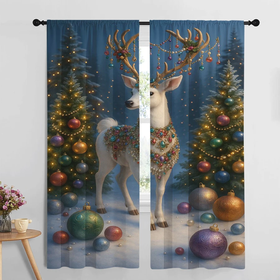 2PCS Christmas Winter Curtains, Jewelry Reindeer Christmas Tree, Digital Print, Bedroom Living Room, Home Decor Window Drapes