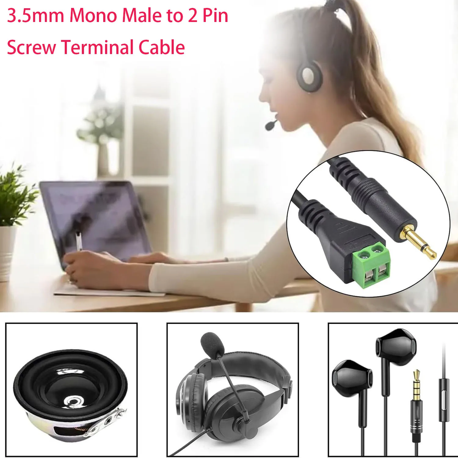 1pc 3.5mm 1/8" Mono TS Male Plug To AV Screw Video Balun Terminal Adapter Connector Cable 1FT Gold Plated - Image 3