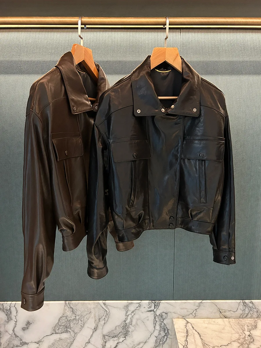 سترة جلدية ذات صورة ظلية من جلد الخراف المدبوغ بالخضراوات المشمعة الصغيرة #1