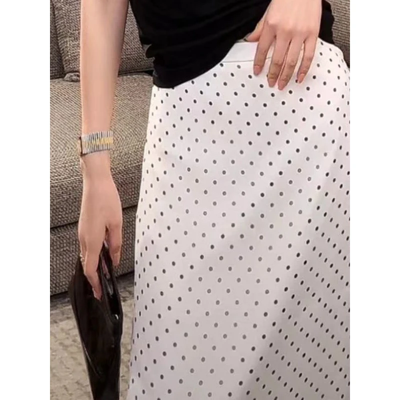 Women\'s Clothing 2024 Summer Fashion Polka Dot Print High Waist Long Skirts Office Lady Elegant Commuting Slim Party Maxi Skirt
