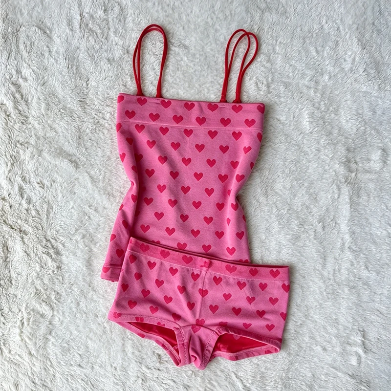 2000s Millennial Sweet Heart Print Kawaii Retro Style vest High Street subculture Casual slim fit strapless top mini short sets