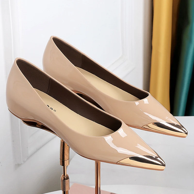 BIGTREE Shoes Low Heeled Women's Shoes Patent Leather Wedge Heels Women Pumps Metal Pointed Tip Luxury Banquet Shoes Fashion view 2