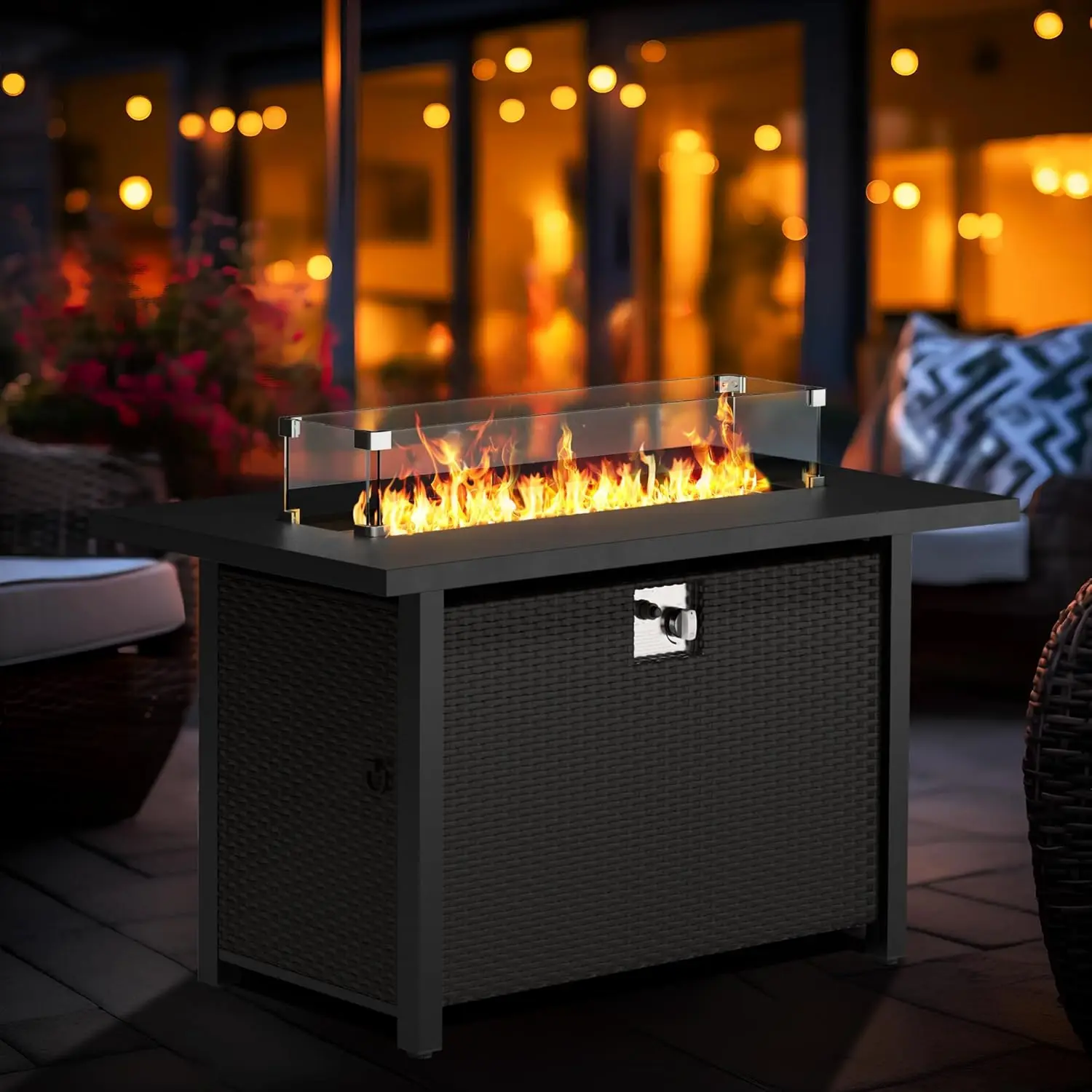 45 Inch Propane Fire Pit Table, 50,000 BTU Outdoor Rectangular Wicker Gas Fire Table with Firepit Lid, Steel Tabletop, Black