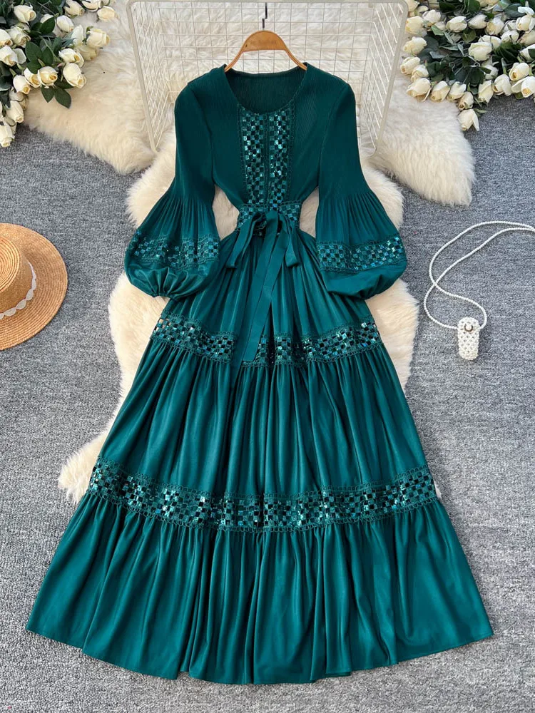 

Retro Court Sle Heavy Embroidery Lace Splicing Belted Slimming Lantern Sve Dr Women's High Waist A-Line Summer Dr