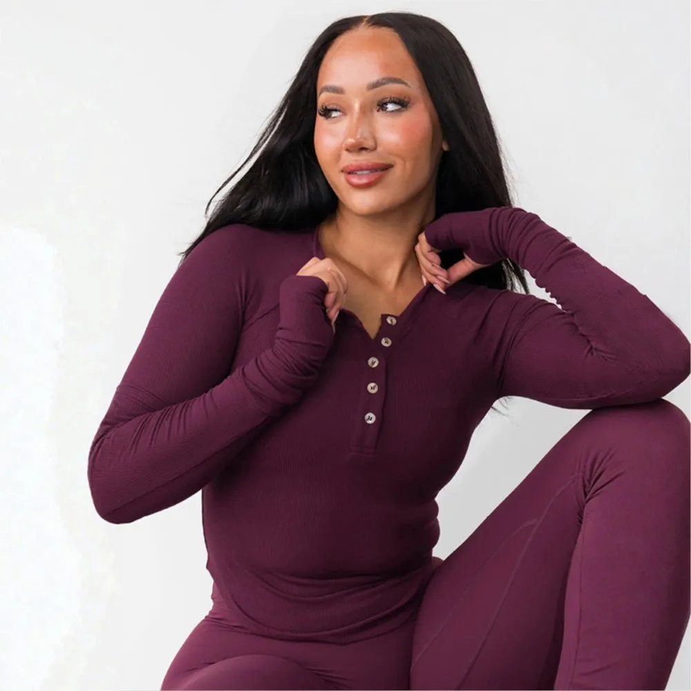 Girocollo raglan con bottoni, orlo curvo, top con strisce per dita, stile semplice, tutto-fiammifero, tinta unita, sottile, confortevole, casual, alla moda