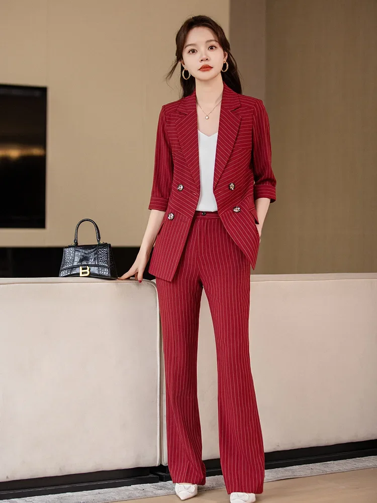 Pop Fashion Striped Formal Uniform Designs Pantsuits Spring Summer Women Business Work Wear Ladies OL Styles Professional Blazer