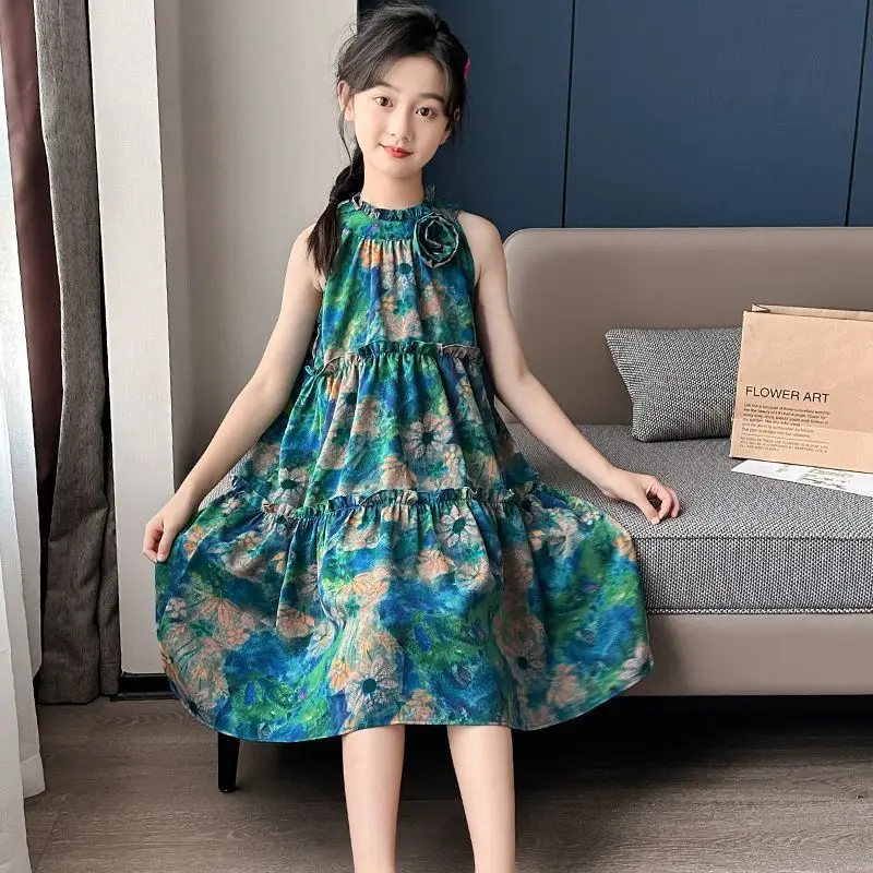 

Vintage Floral Princess Sleeveless Beach Dress Girls Elegant Dresses Children's 2025 Clothing Korean Kids Clothes Luxury Girl