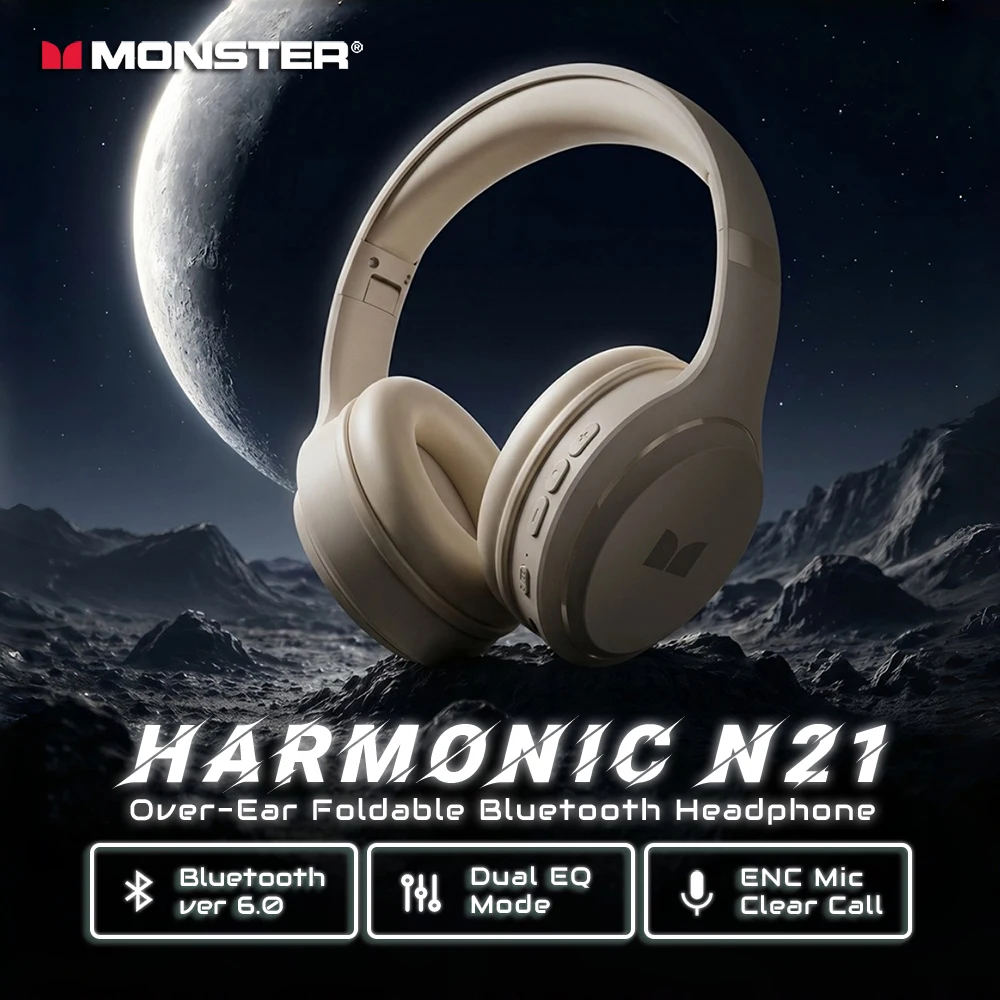Auriculares Bluetooth 6.0 Monster Harmonic N21 con Reducción de Ruido en Llamadas, Bajos Profundos y Potentes, Auriculares Inalámbricos Over-Ear con Micrófono