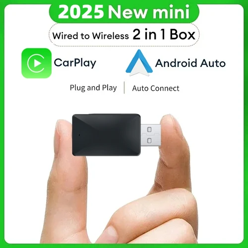 Imagen 1 del producto Adaptador Mini 2 en 1 para Coche, Conexión por Cable a Inalámbrica, Compatible con Carplay y Android Auto, Funciona con el 99% de los Coches, Conexión WiFi, Dongle Inteligente
