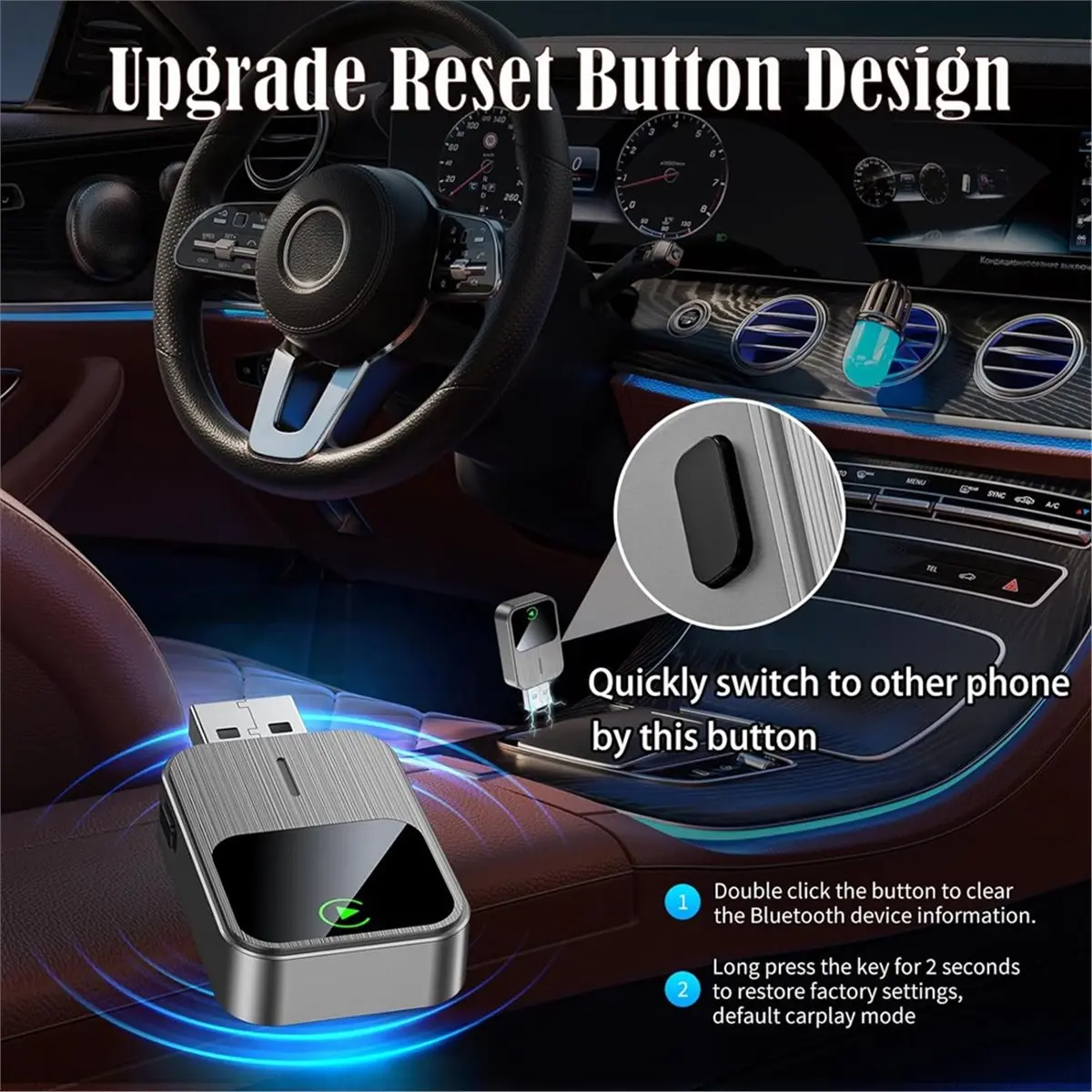 2026 New Wireless CarPlay Adapter Built-in Wired CarPlay to Car Play Wireless Fast Stable Connection Mini USB&Reset Button