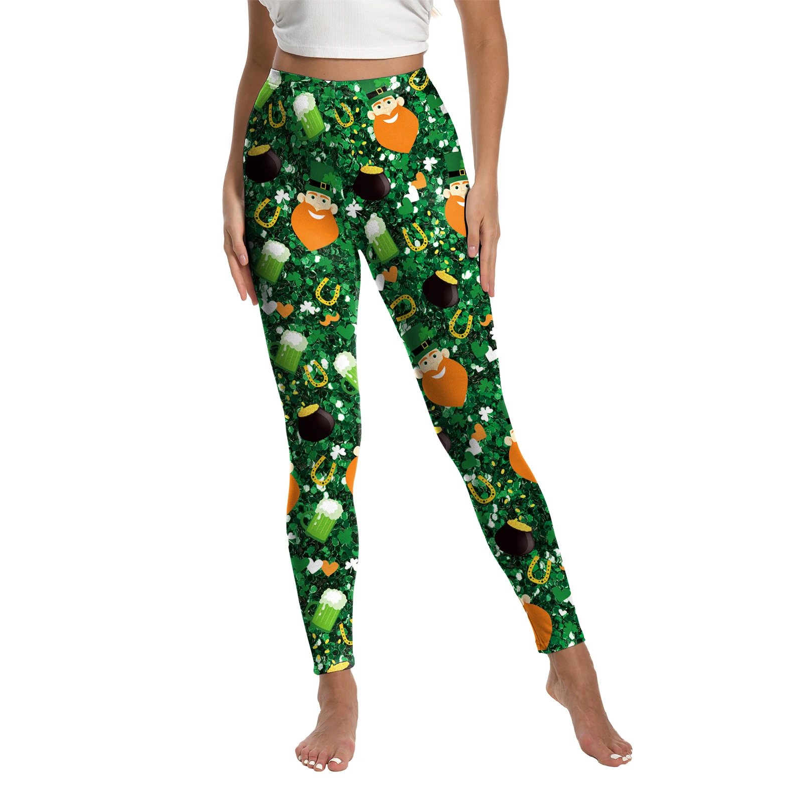 Zawaland Irish Festival Green Leggings Lucky Clover 3D Printed Trousers Women Saint Patrick's Day Party Skinny Yoga Pants