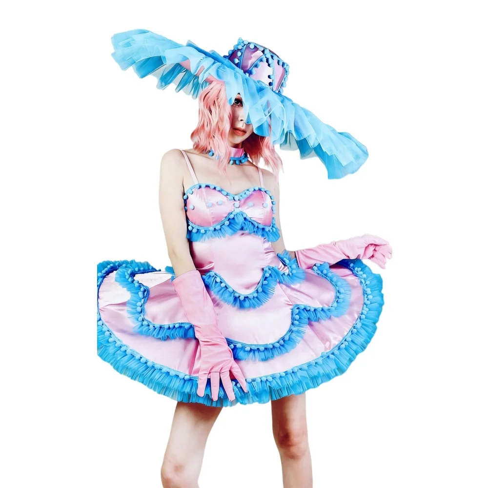 Pink Blue Bubble Sling Dress Women Dance Team Festival Event Performance Outfit Bar Party Concert Singer Group Stage Costume