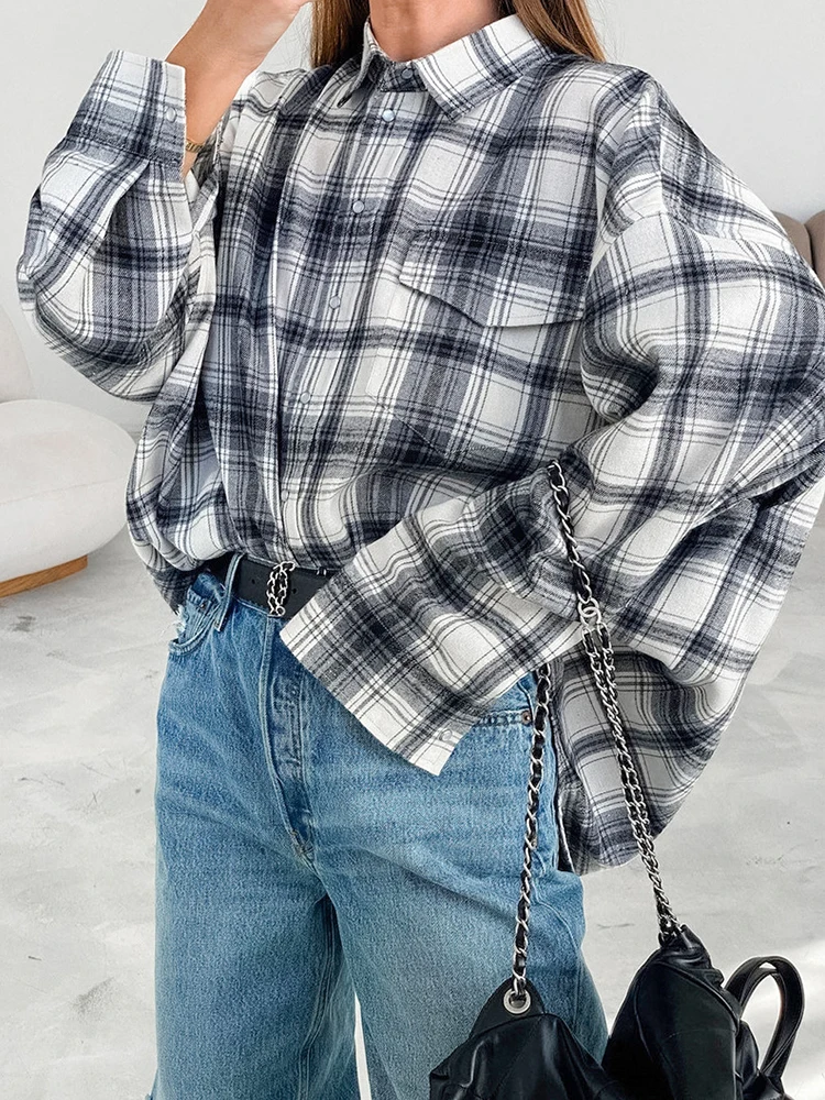 Mumaroho 2024 Women Autumn Winter Long Sleeve Oversized Plaid Shirt Vintage Loose Fit Blouse For Woman