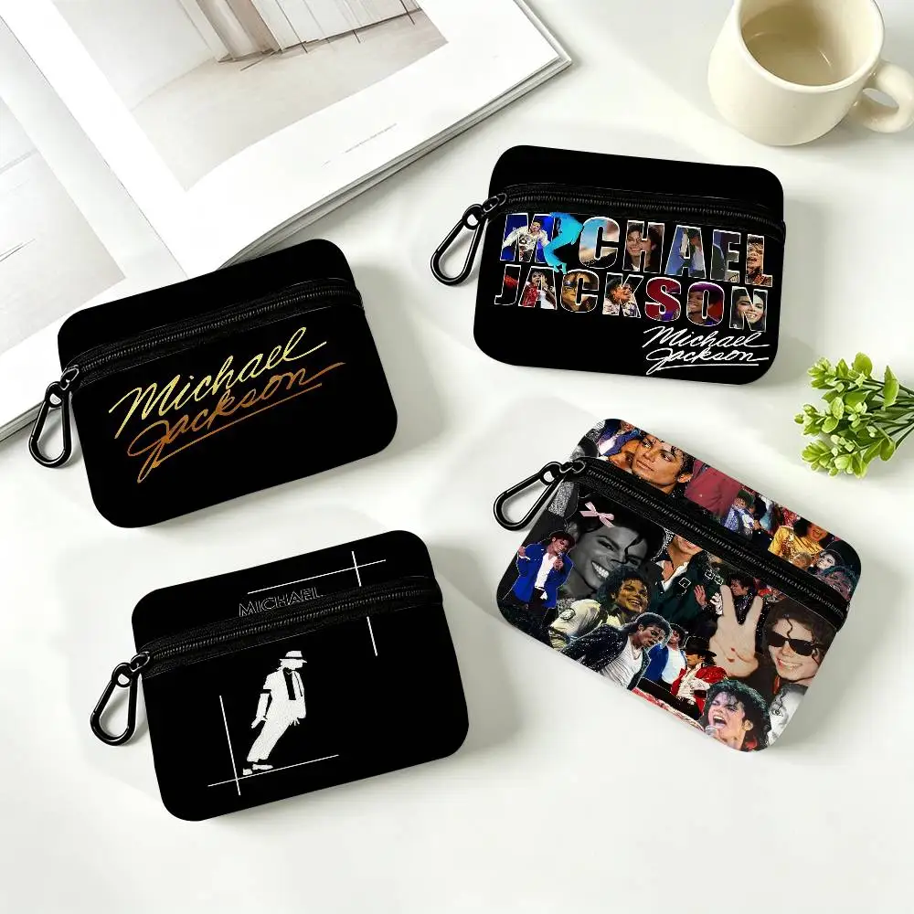 80s Singer M-Michael J-ackson  Portable Mini Oxford Cloth Coin Purse With Carabiner Hook Zipper Key Card Earphone Storage Wallet