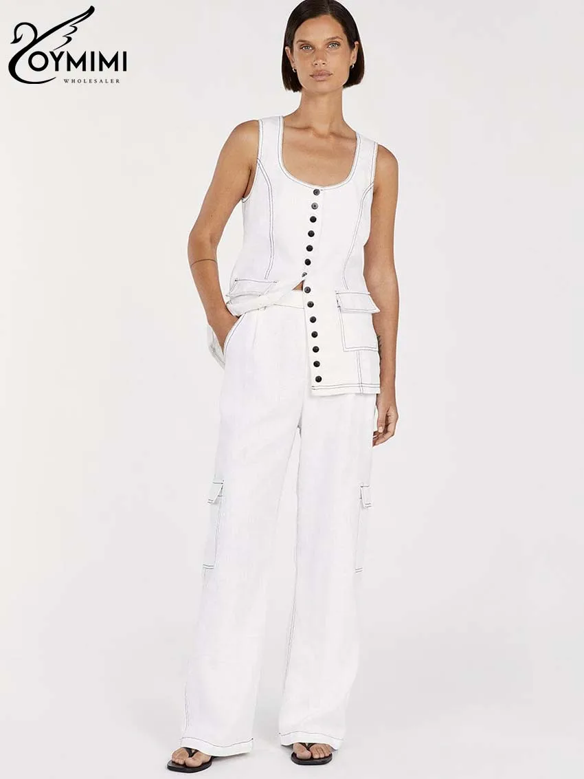 Oymimi Casual White Cotton Two Piece Set For Women Fashion Button Pockets Slip Tops And High Waist Straight Trousers Female Sets