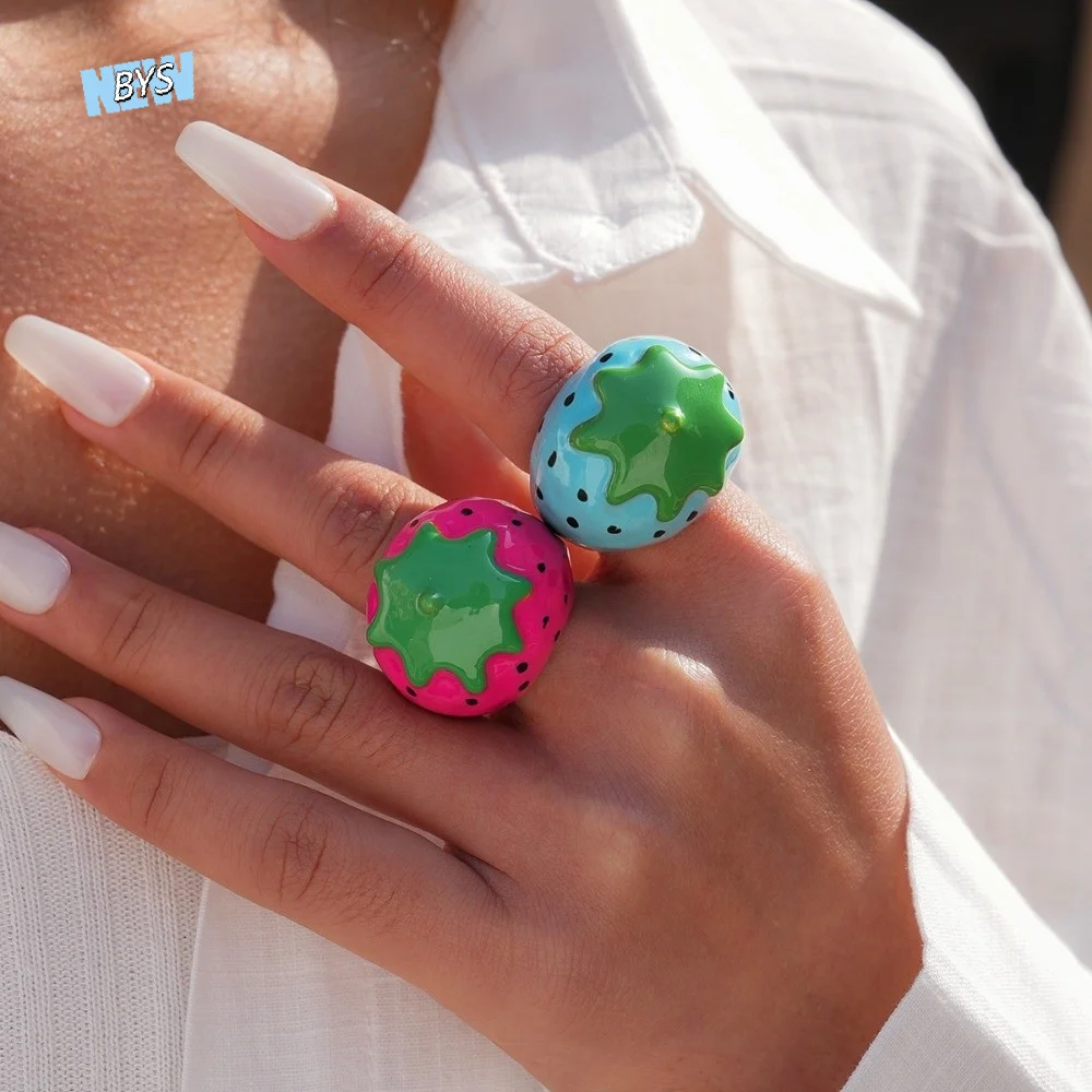 

Cute Flower Enamel Fruit Ring Korean Style Jewelry Gifts Vintage Ring Oil-drop Alloy Strawberry Cherry Big Floral Ring Daily