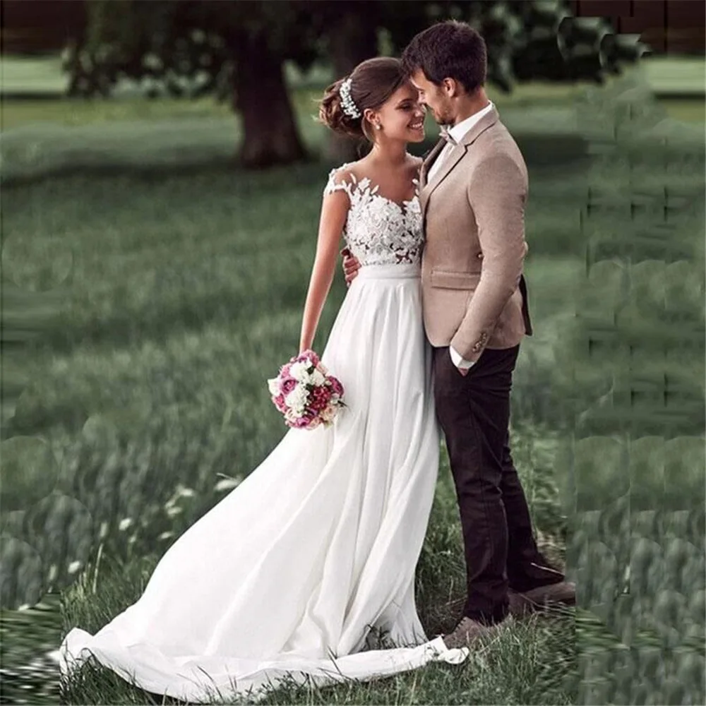 Customized Sheer Neck Women Wedding Dresses A-Line Vestido De Noiva Romantic Lace See-Through Back Princess Formal Bridal Gowns