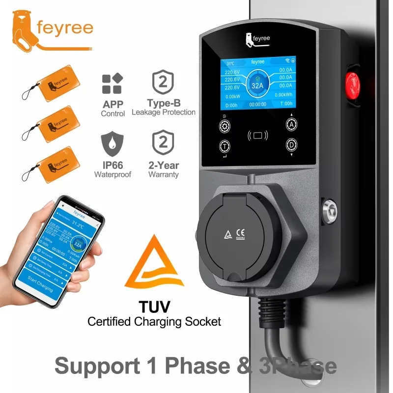 feyree 22KW Type2 EV Charger Socket Version Smart Electric Car Charger for TS-NACS Type1 GB/T Plug EVSE Wallbox WIFI APP Control