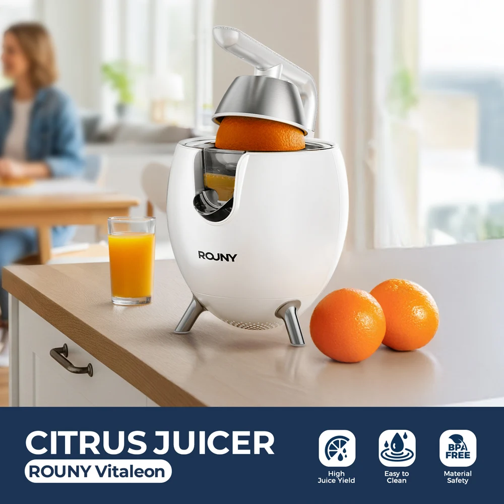 ROUNY 850W Powerful Citrus Juicer Stainless Steel Orange and Lemon Electric Set Juicer, Hard-core Press Juicer, White Spaceship