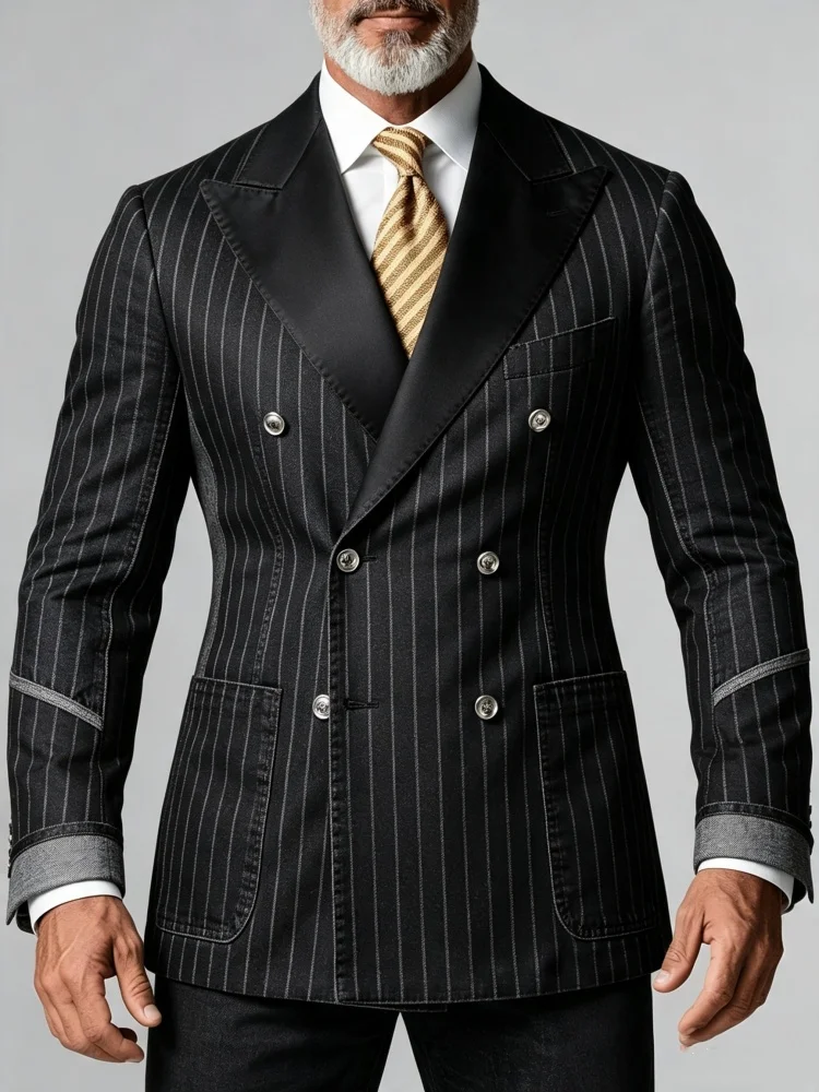 Mens Vintage Striped Black Contrast Lapel Faux Denim Blazer Slim Fit Double Breasted Everyday Business Coat