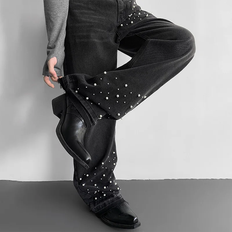 LUZHEN mode personnalisé perle Patchwork conception jean décontracté 2025 nouveau haute rue Original droit hommes Denim pantalon JY3706
