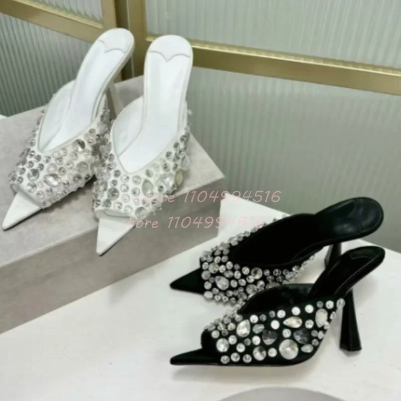 

Crystal Pointed Toe Stiletto Sandals Black White Shiny Rhinestone Slip On Slippers 2025 Sexy Luxury Party Banquet Ladies Shoes