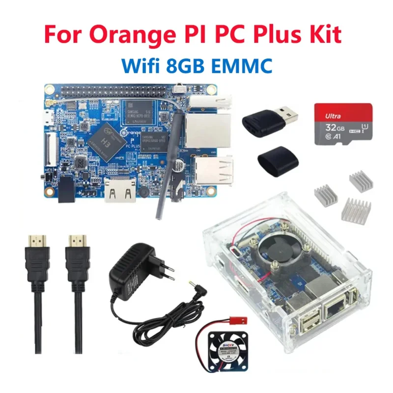 Orange Pi PC Plus H3 quad-core 8GB eMMC WiFi optional acrylic case cooling fan heatsink power supply HDMI-compatible OPI PC Plus