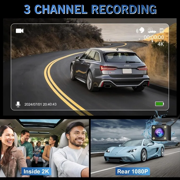 3 Channel Dash Cam Front and Rear,4K Full HD Dash Camera for Cars Built-in WiFi Car Dashboard Camera Recorder