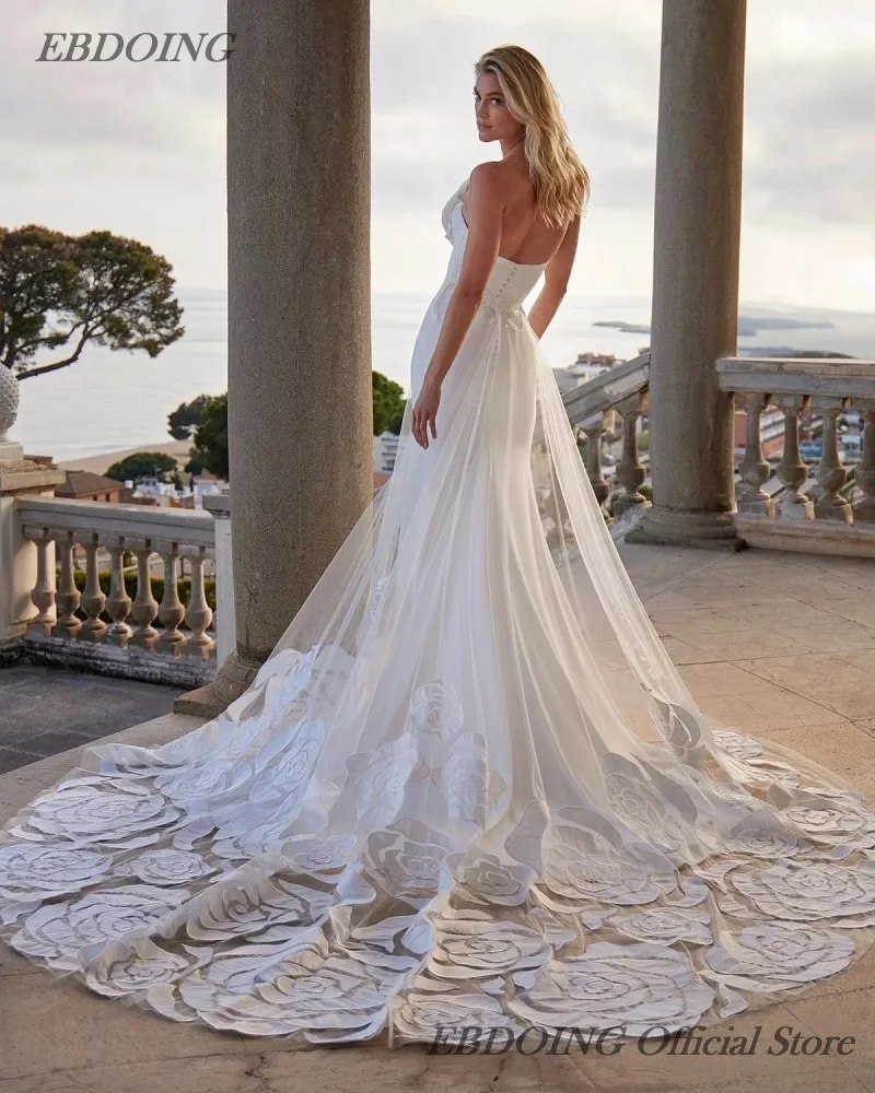 EBDOING Wedding Dress Mermaid Satin 2 in 1  Strapless Chapel Train With 3D Big Flowers Customized Bride Gown