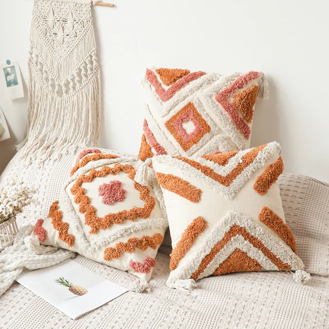 Boho Cushion Cover Tufted Orange Ivory Tassels Warm Color Decoration Pillow Cover Living Room Bedroom Sofa Couch Square 45x45cm AliExpress