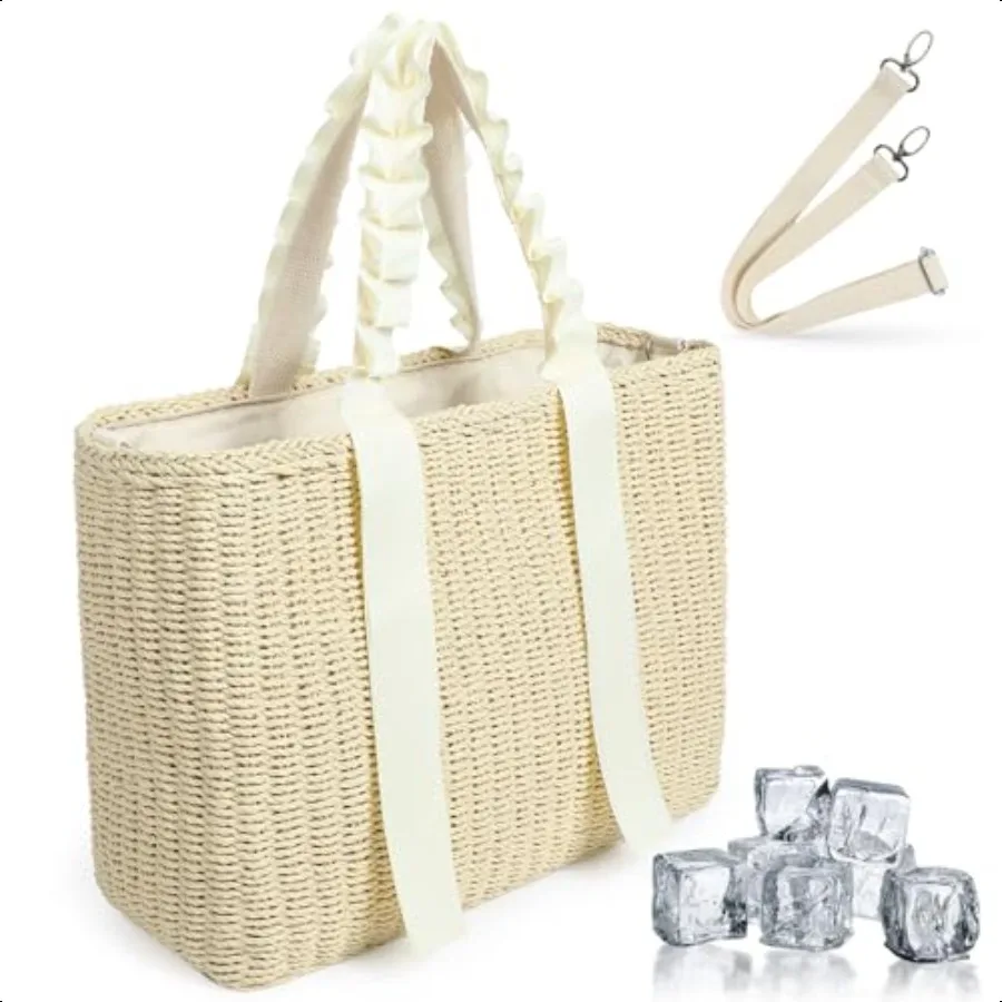 

14L Large Insulated Beach Cooler Bag with Removable Liner Natural Corn Husk Straw Travel Tote for Women Picnic Lunch Bag Bride