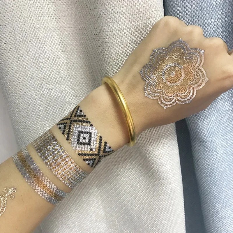 Sexy Sun Moon Star Temporary Tattoo Women Party Body Arm Art Fake Flash Tattoos Gold Metallic Tattoo Sticker Girl Bracelet Wrist