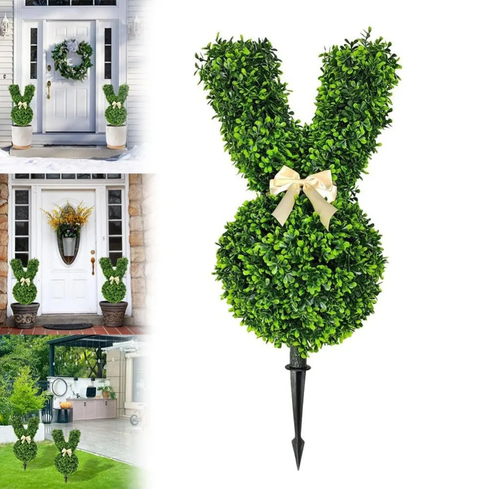 

New Artificial Bunny Topiary Tree Green Plastic Boxwood Topiary Plant Lifelike Pot Simulation Plant for Easter Porch Decor
