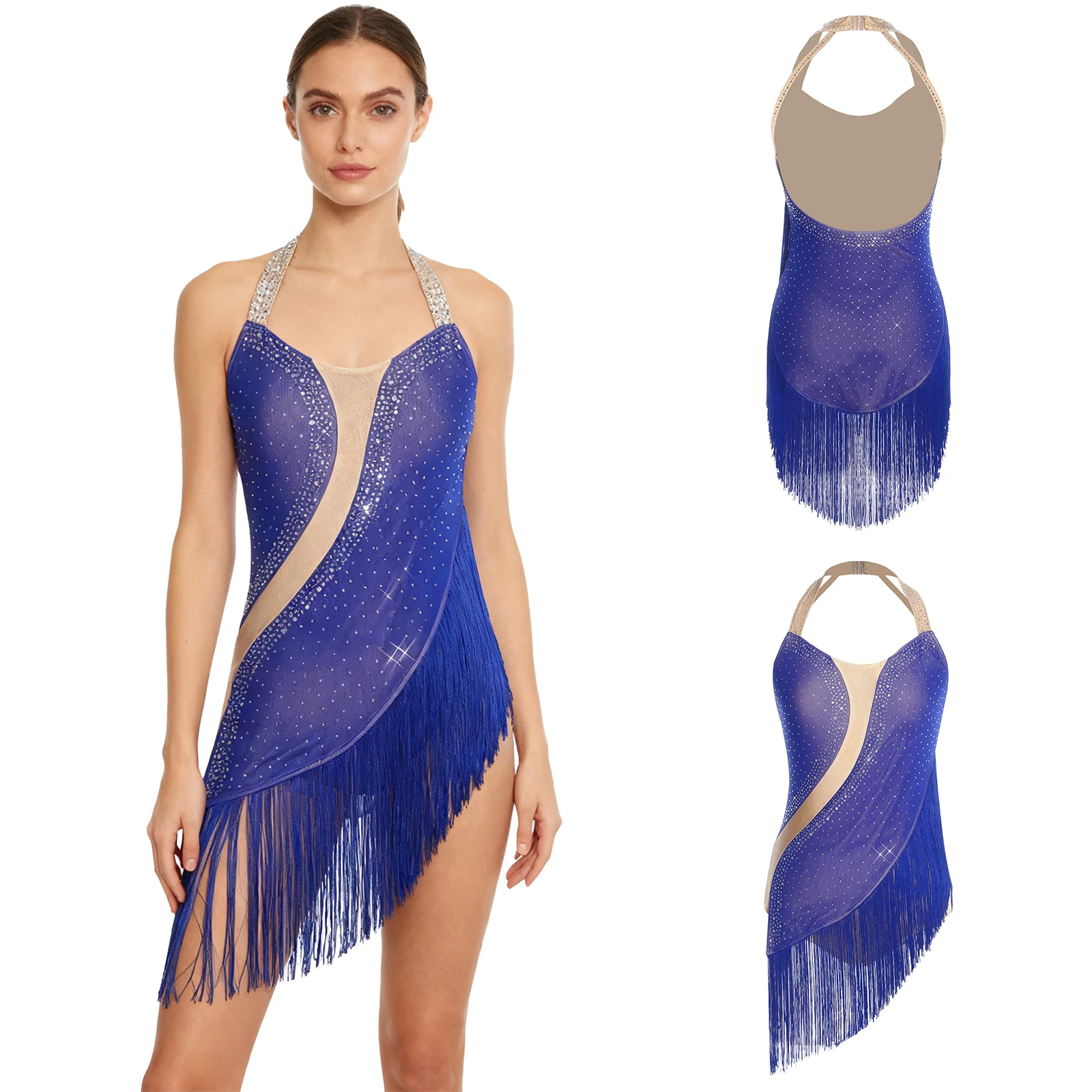 

Women Lyrical Latin Dance Performance Tassel Dress Sheer Mesh Backless Leotards for Tango Cha-cha Latin Rumba Samba Dance Wear