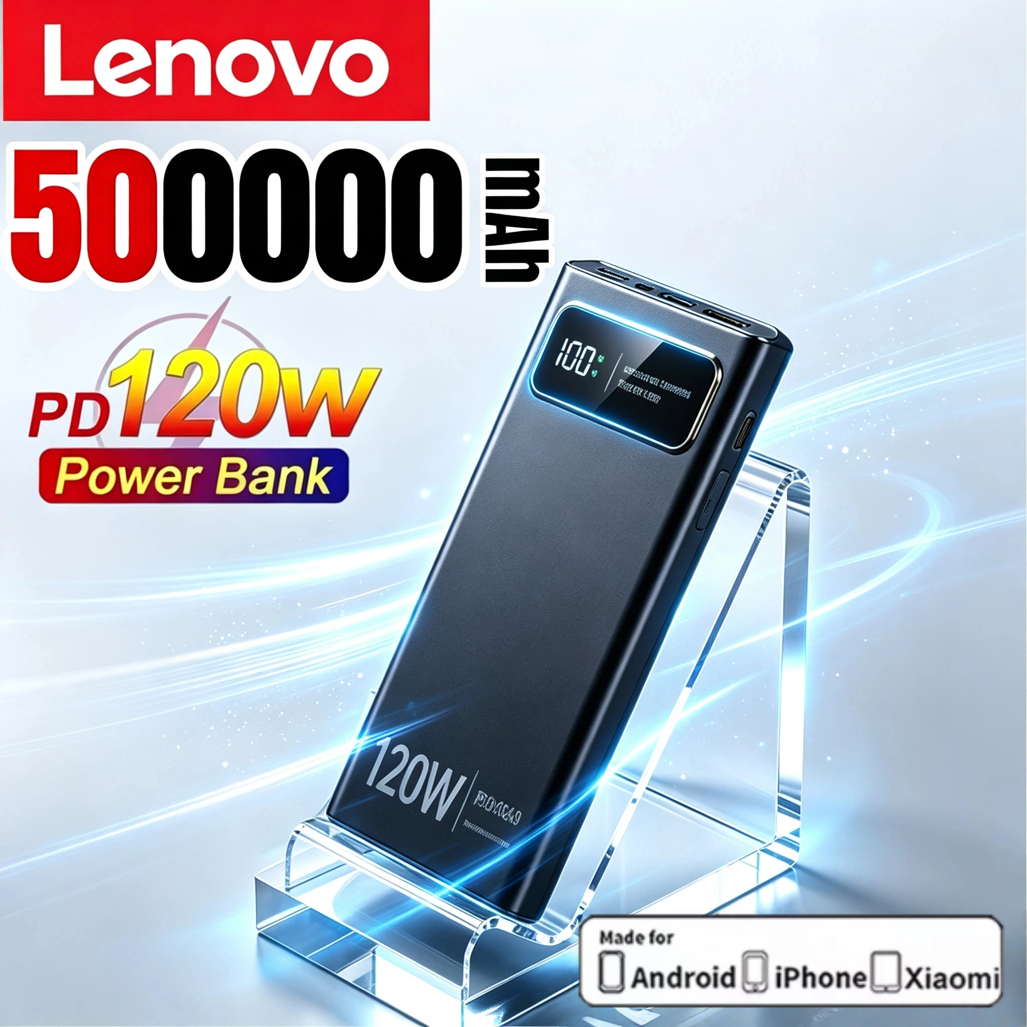 Портативный внешний аккумулятор Lenovo Power Bank 200000 мАч, 120 Вт, сверхбыстрая зарядка, большая емкость, цифровой LED-дисплей, подходит для всех моделей.