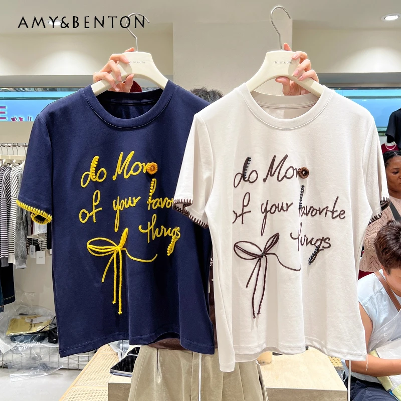 

Right Shoulder Short Sleeved Tees Ladies 2025 Autumn New Color-Block Letter Embroidery Loose Slimming Bottoming Shirt Ins Tshirt
