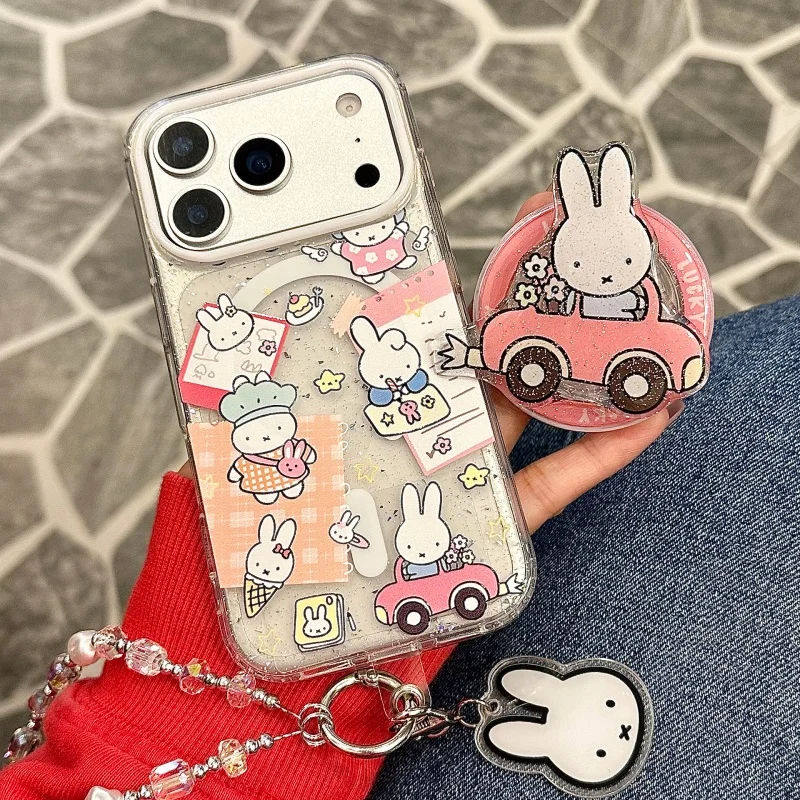

﻿Cute cartoon car Miffy Sparkling Magnetic Wallet Magsafe Wireless Charge Phone Case For iPhone 13 14 15 16 17 Pro Max Cover﻿﻿