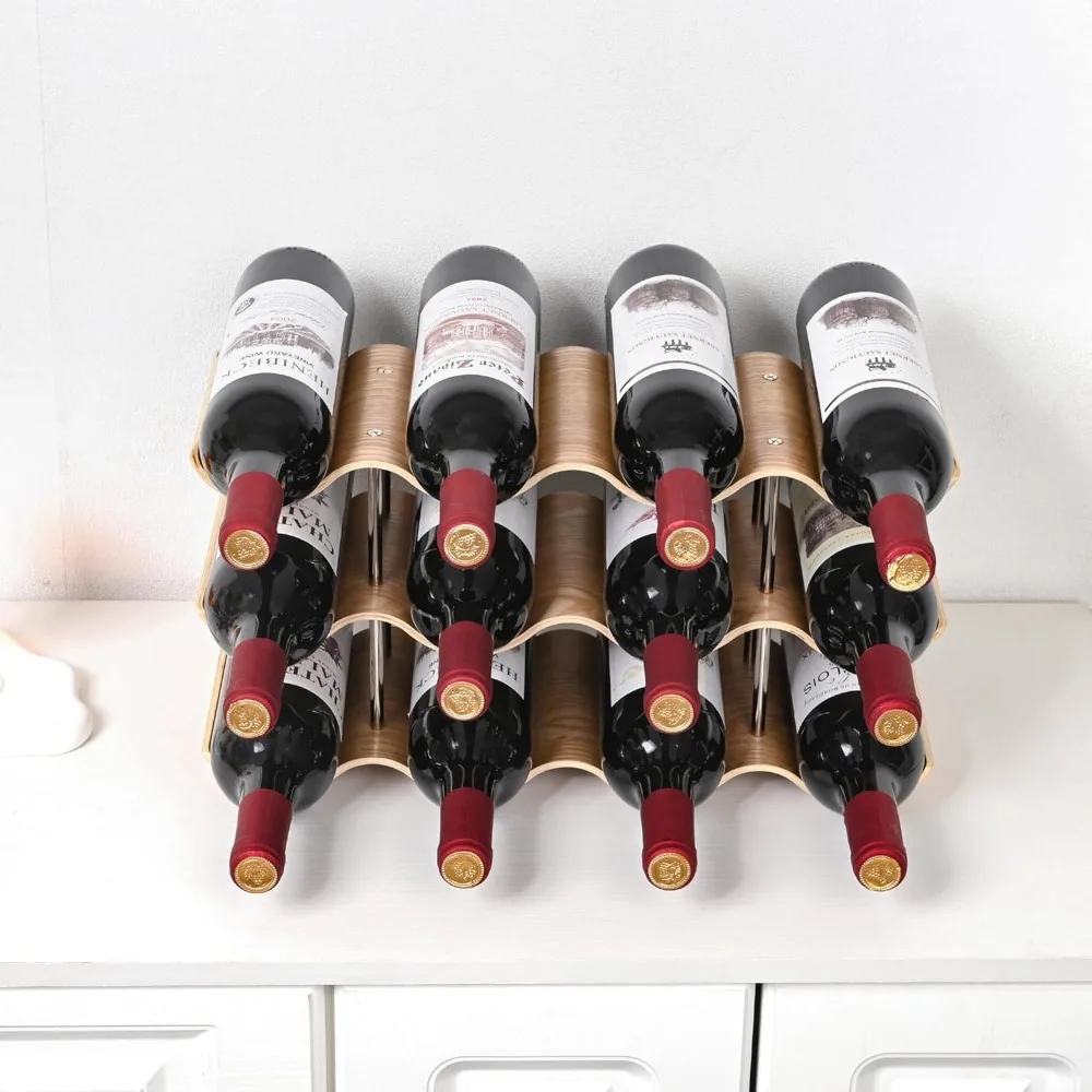 12 Bottle Wooden Wine Rack - 3 Tier Freestanding Holder for Kitchen Cabinet Storage