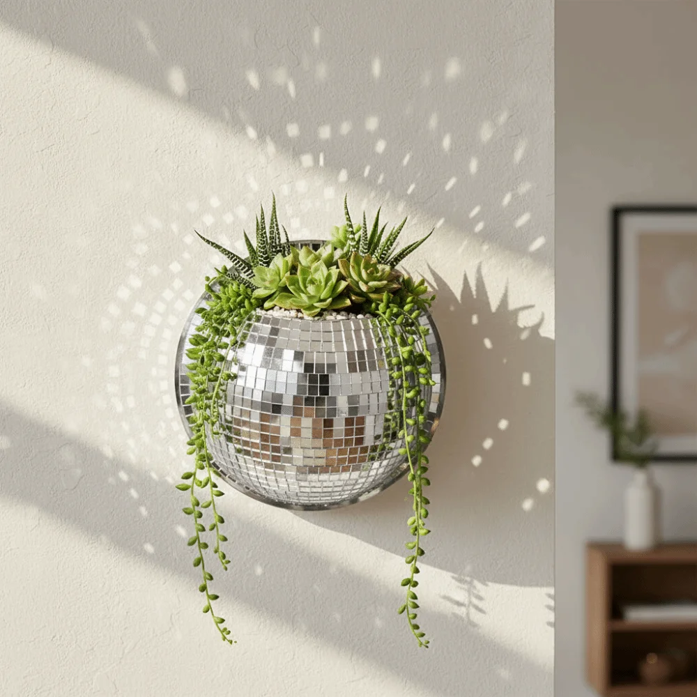 Acrylic Mirror Finish Wall-Mounted Disco Planter Shining Half Sphere Disco Wall Vase Decorative Hydroponic Plant Container