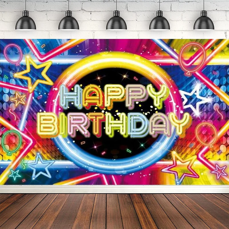 Photography Backdrop Glow In The Dark Birthday Colorful Neon 80s 90s Crazy Sleppover Party Banner Background Cake Table Decor