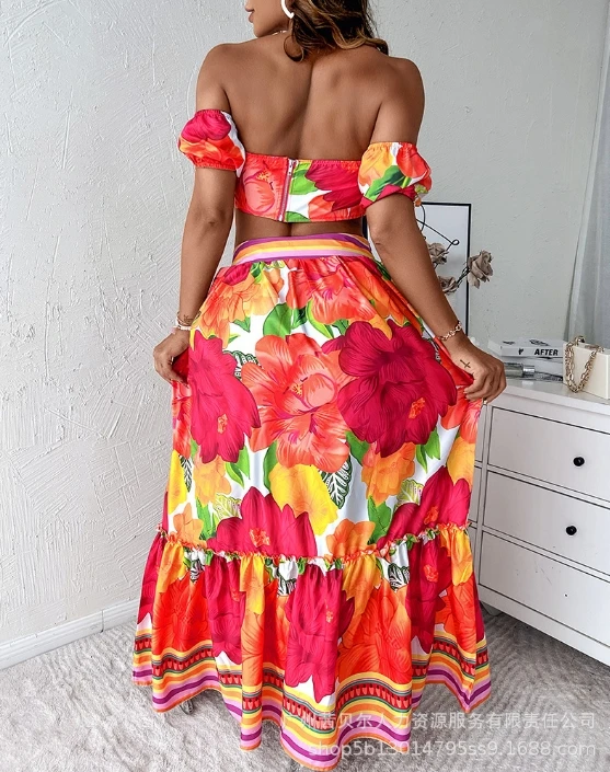 Two Piece Set Women Outfit 2024 Summer Colorful Floral Print Strapless Short Sleeve Crop Top & Casual High Waist Long Skirt Set
