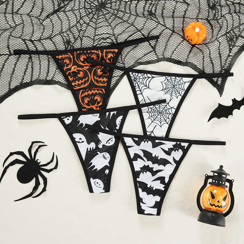 Halloween Mid Waist T-Back Ice Silk Tanga Ropa Interior String Underwear Woman Panties