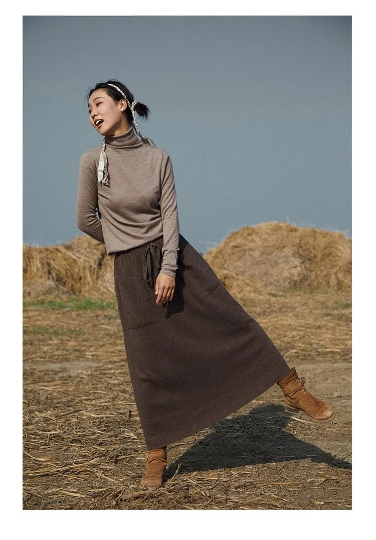 Autumn/Winter 2024 New Cashmere Double Pocket Retro Dress Art Style Versatile Women's Long Skirt