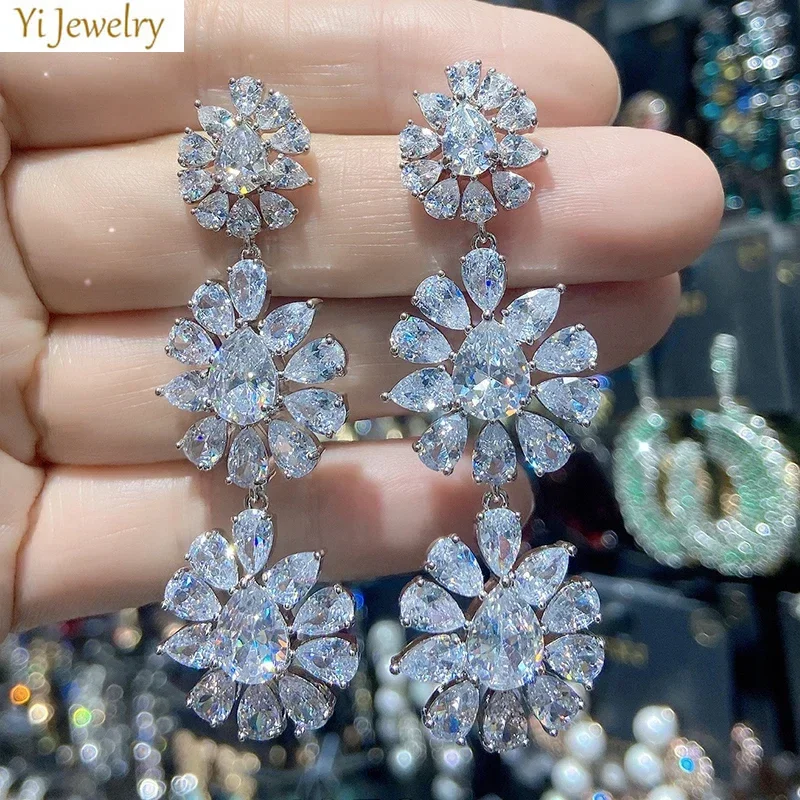 Long Dangle Earrings for Women Wedding Dinner Party Shiny Jewelry Colorful Cubic Zirconia Flower Earrings