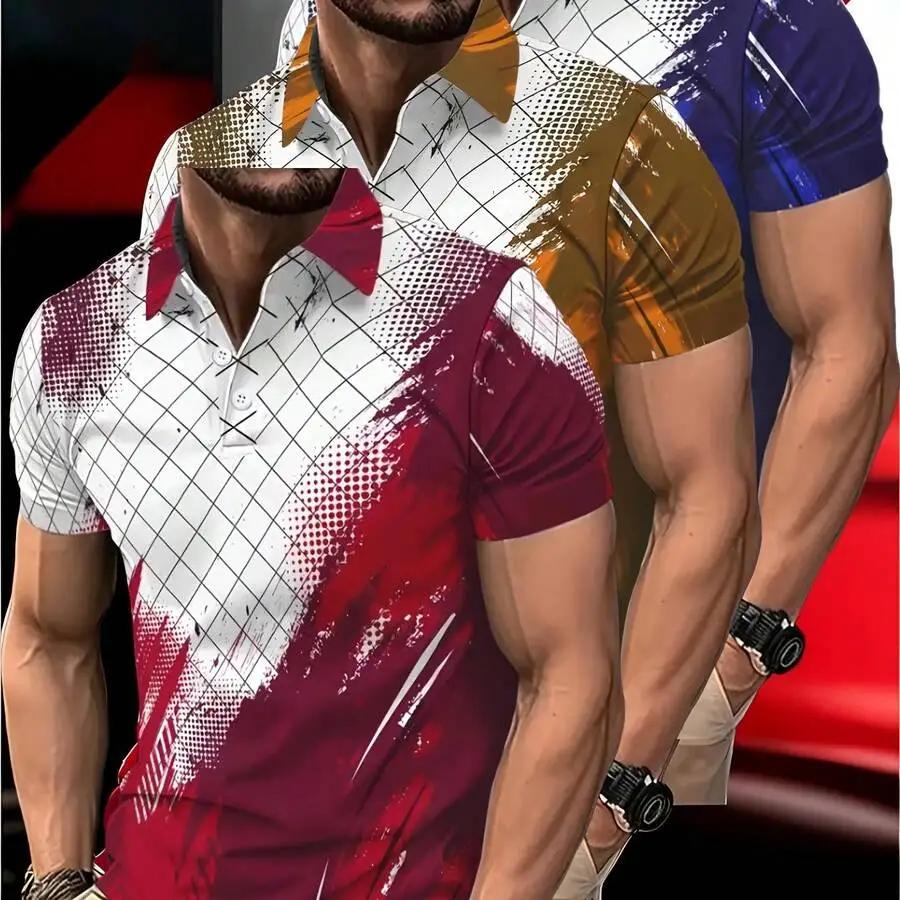 Mens 3D Geometric Digital Print Short Sleeve Shirt 3pcs Set Breathable Casual Golf Sportwear