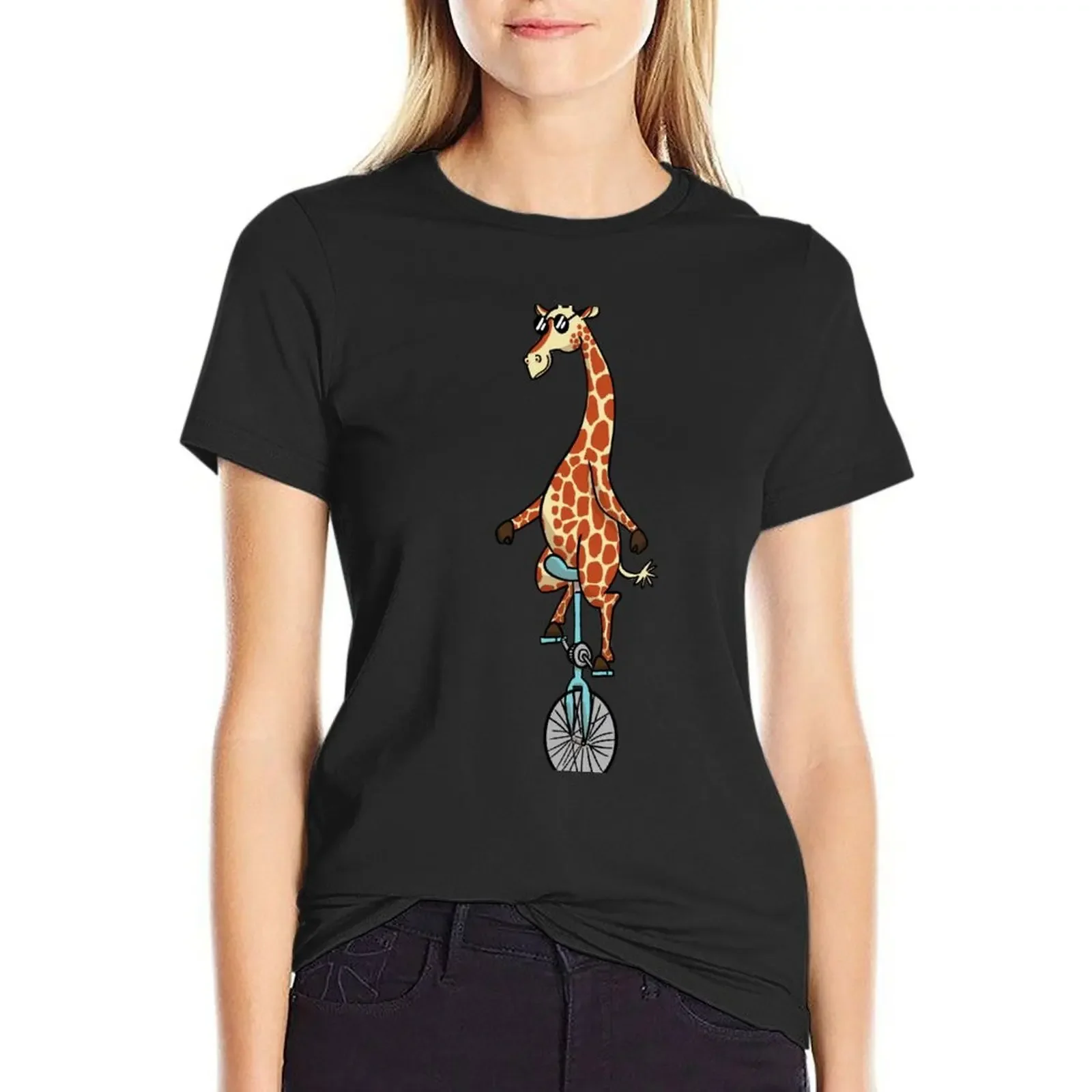 

Sunglassed Giraffed Giraffe Unicycle T-Shirt female Female clothing kawaii clothes Short sleeve tee Top Women